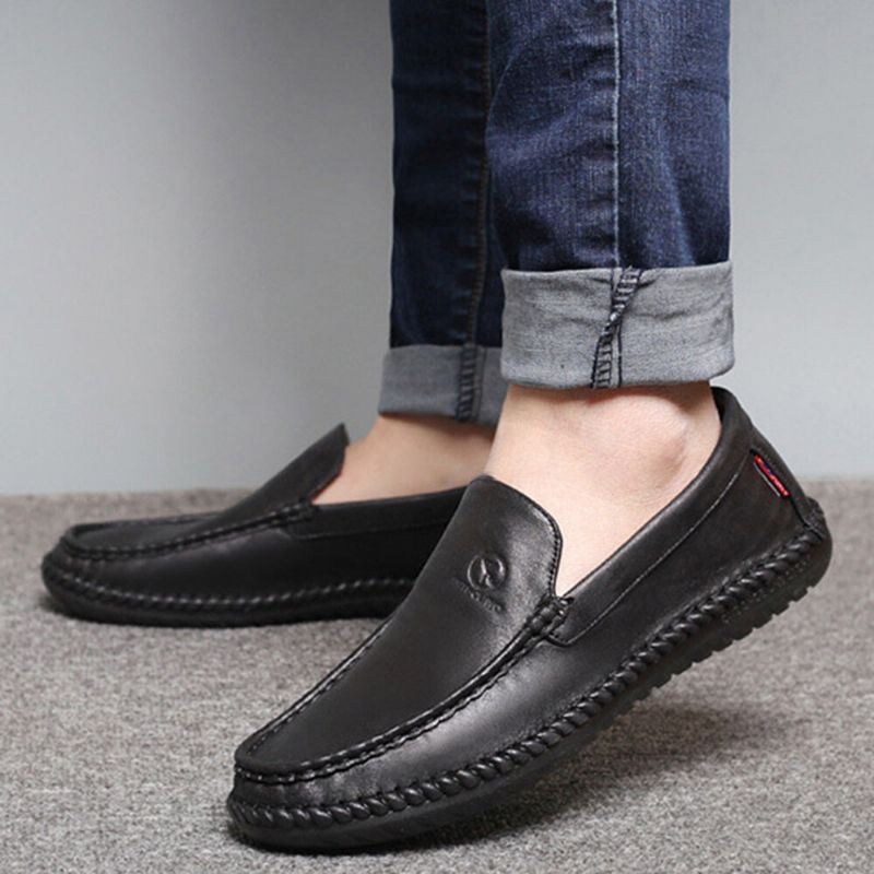 Heren Antislip Casual Hand Stiksels Lederen Zachte Zool Wandelen Oxfords