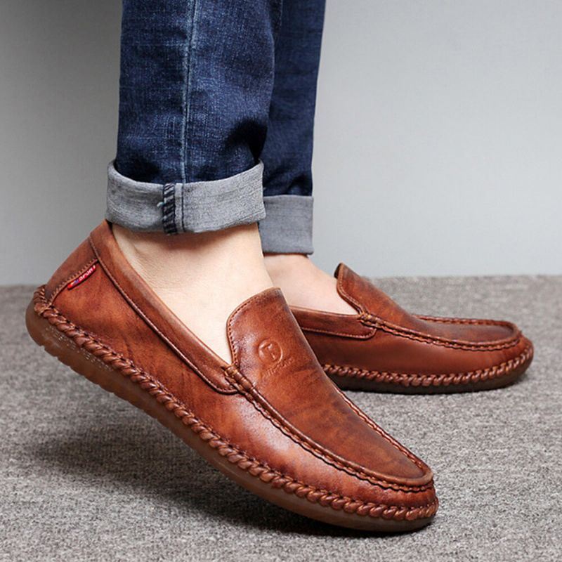 Heren Antislip Casual Hand Stiksels Lederen Zachte Zool Wandelen Oxfords