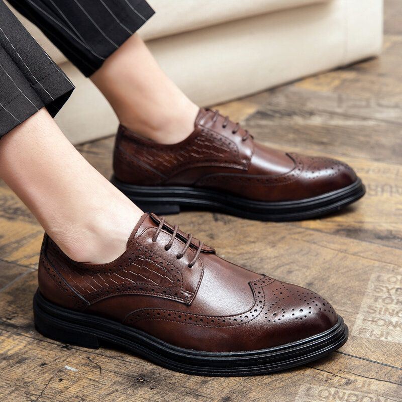 Heren Business Soft Lace Up Rubberen Zolen Brogue Dress Schoenen