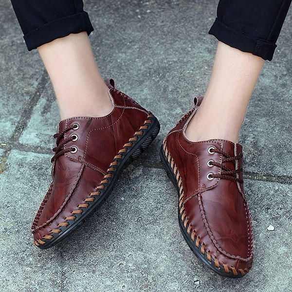 Heren Echt Leer Hand Stiksels Casual Oxfords Schoenen