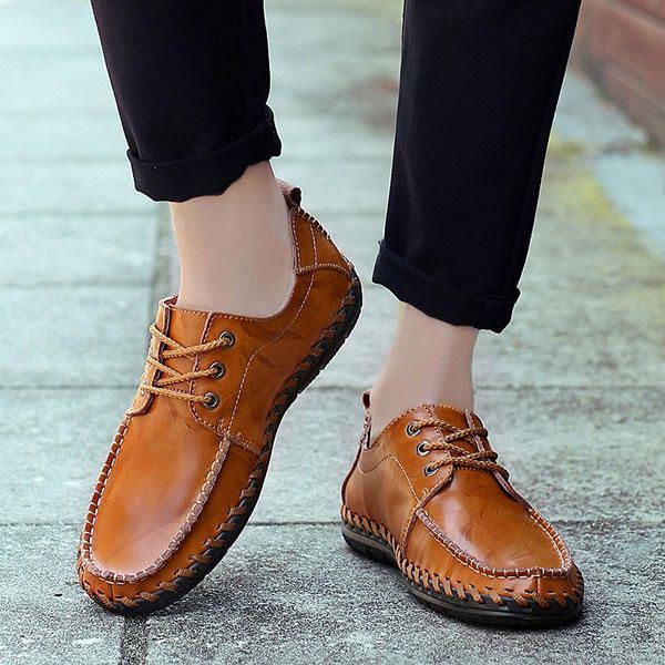 Heren Echt Leer Hand Stiksels Casual Oxfords Schoenen