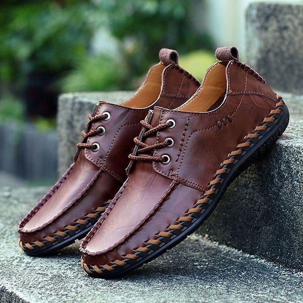 Heren Echt Leer Hand Stiksels Casual Oxfords Schoenen