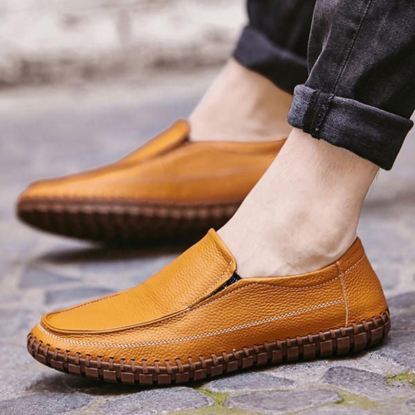 Heren Pure Kleur Zacht Leer Slip Op Casual Platte Oxfords