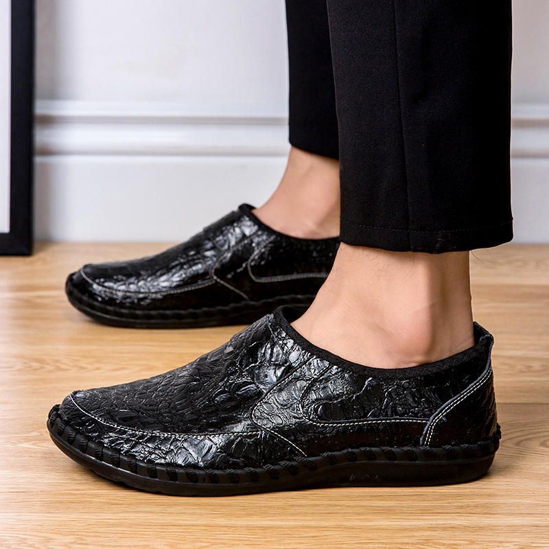 Heren Zachte Koeienhuid Hand Stiksels Casual Slip Op Zakelijke Oxfords