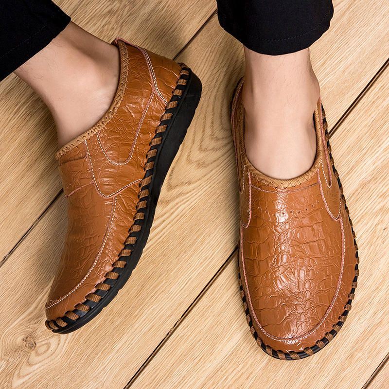 Heren Zachte Koeienhuid Hand Stiksels Casual Slip Op Zakelijke Oxfords