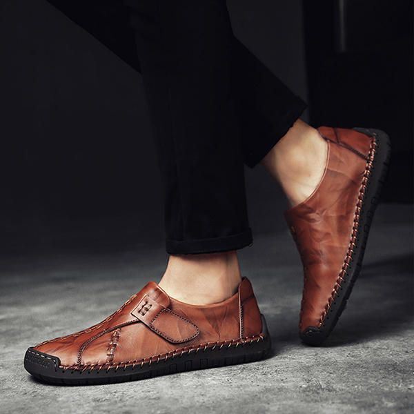 Heren Zachte Zool Handstiksels Echt Leer Haaklus Platte Oxfords Schoenen