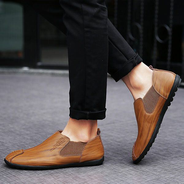 Schoenen Heren Casual Handstiksels Echt Leer Elastische Platte Oxfords