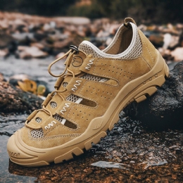 Heren Echt Leer Ademend Hollow Mesh Outdoor Wandelsneakers