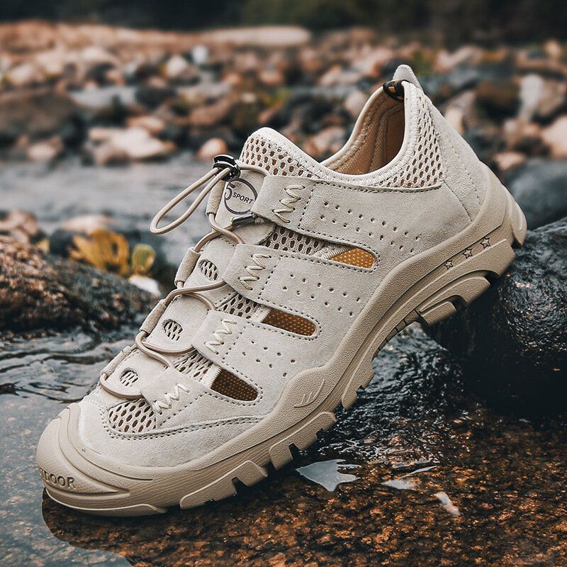 Heren Echt Leer Ademend Hollow Mesh Outdoor Wandelsneakers