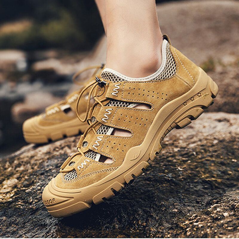 Heren Echt Leer Ademend Hollow Mesh Outdoor Wandelsneakers