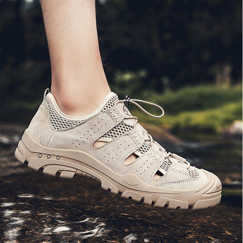 Heren Echt Leer Ademend Hollow Mesh Outdoor Wandelsneakers