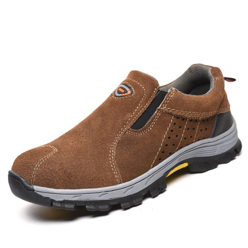 Heren Koeienhuid Ademend Antislip Comfortabele Teen Beschermde Slip On Casual Werkschoenen