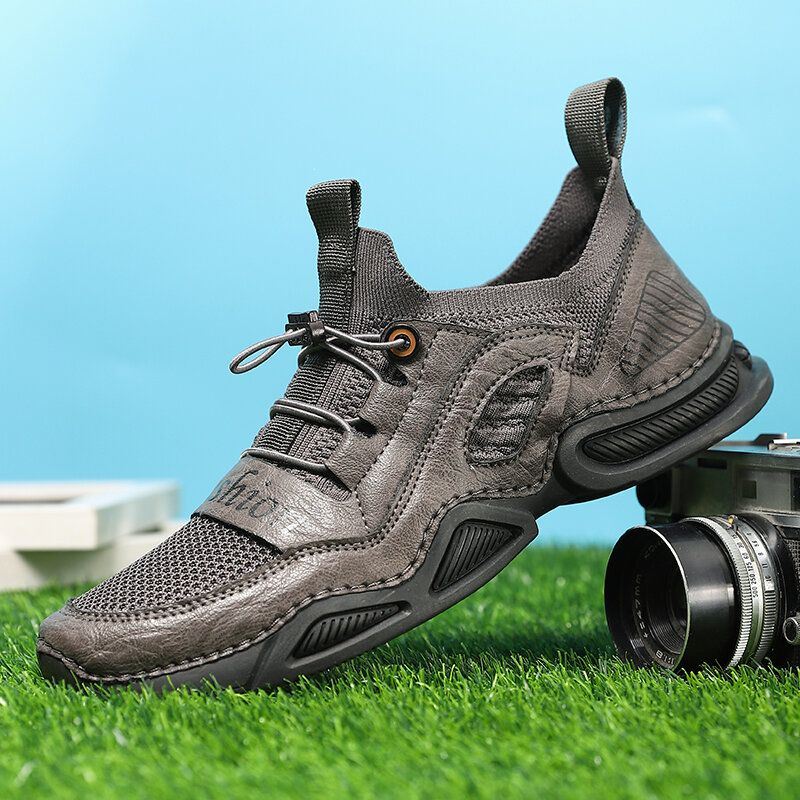 Heren Leer Ademend Mesh Comfortabele Stof Zachte Bodem Elastische Band Casual Sportschoenen