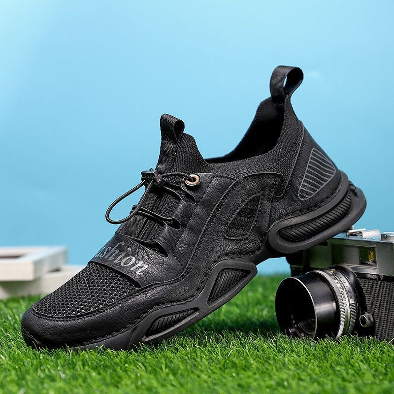 Heren Leer Ademend Mesh Comfortabele Stof Zachte Bodem Elastische Band Casual Sportschoenen