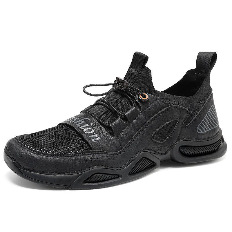 Heren Leer Ademend Mesh Comfortabele Stof Zachte Bodem Elastische Band Casual Sportschoenen