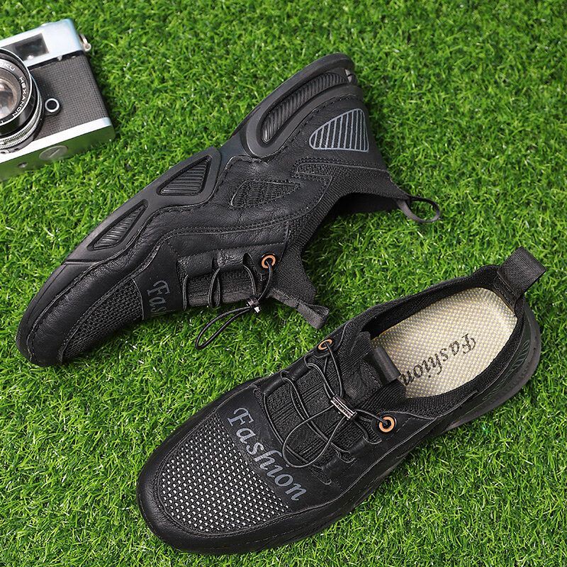 Heren Leer Ademend Mesh Comfortabele Stof Zachte Bodem Elastische Band Casual Sportschoenen