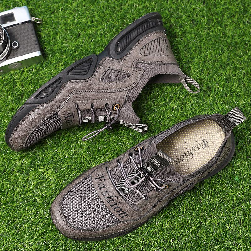 Heren Leer Ademend Mesh Comfortabele Stof Zachte Bodem Elastische Band Casual Sportschoenen