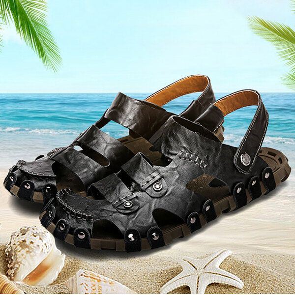 Heren Leer Ademend Zachte Zool Antislip Gesloten Teen Strand Casual Outdoor Sandalen