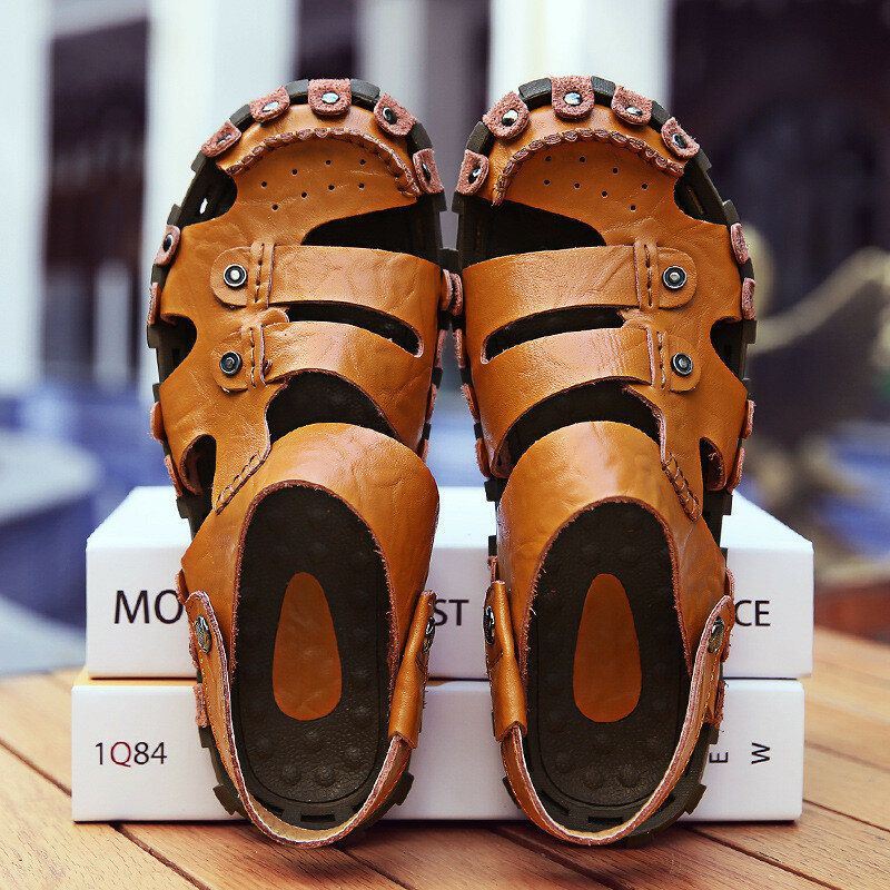 Heren Leer Ademend Zachte Zool Antislip Gesloten Teen Strand Casual Outdoor Sandalen