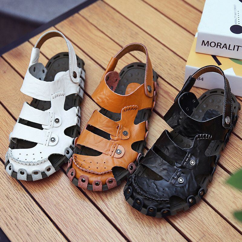 Heren Leer Ademend Zachte Zool Antislip Gesloten Teen Strand Casual Outdoor Sandalen