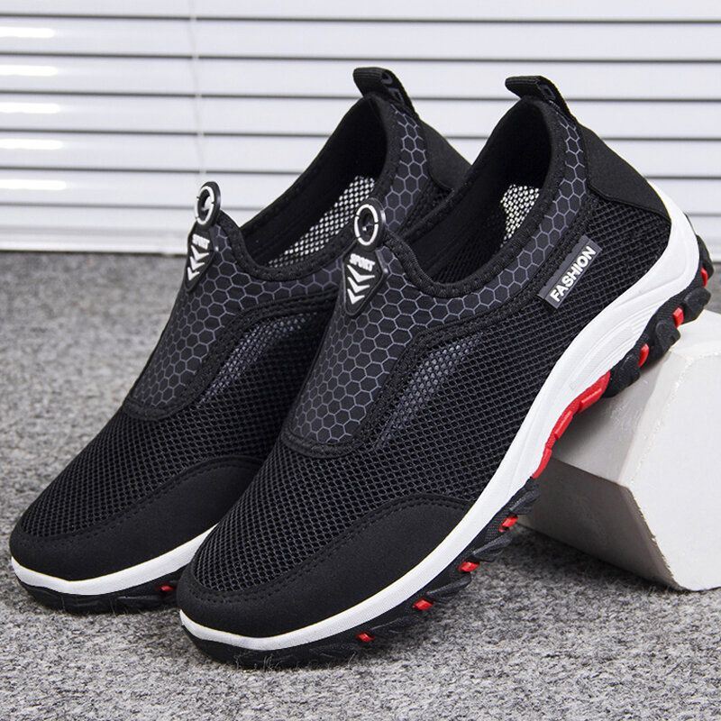 Heren Sport Splicing Mesh Stof Ademende Slip On Casual Wandelschoenen