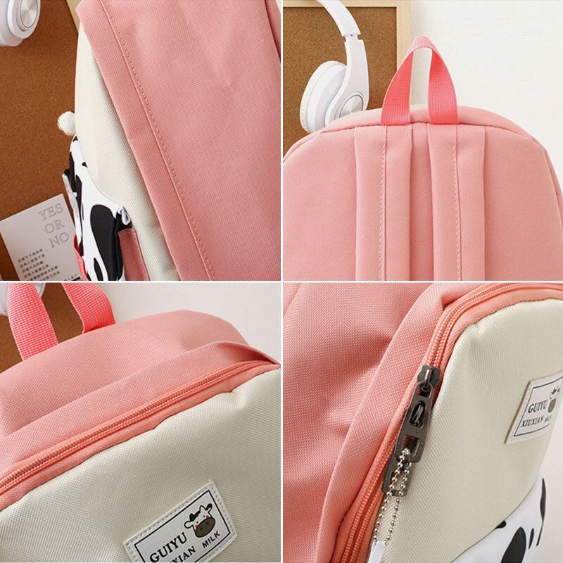 Dames 5 Stuks Canvas Preppy Koe Patroon Multifunctionele Combinatie Tas Rugzak Tote Crossbody Tas Clutch Portemonnee