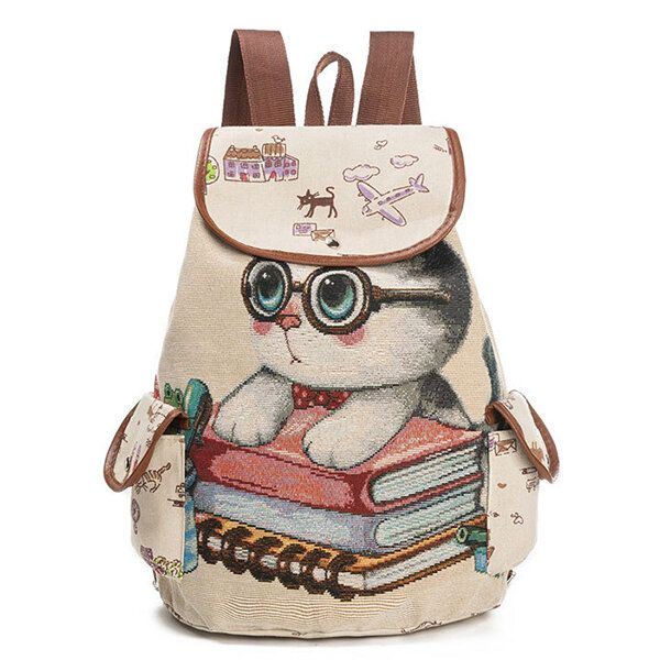 Dames Canvas Casual Cartoon Kat Patroon Schooltas Rugzak Schoudertassen Student Tassen