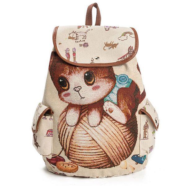 Dames Canvas Casual Cartoon Kat Patroon Schooltas Rugzak Schoudertassen Student Tassen