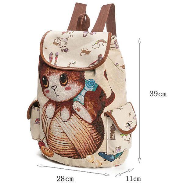 Dames Canvas Casual Cartoon Kat Patroon Schooltas Rugzak Schoudertassen Student Tassen