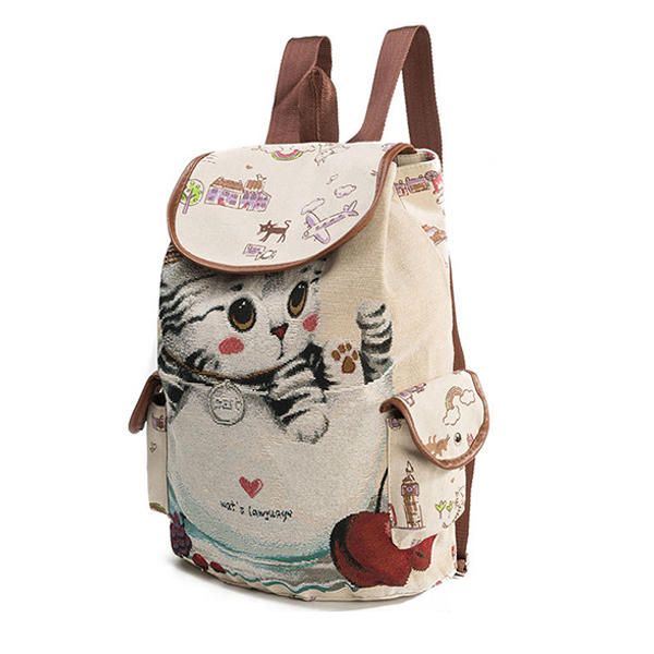 Dames Canvas Casual Cartoon Kat Patroon Schooltas Rugzak Schoudertassen Student Tassen