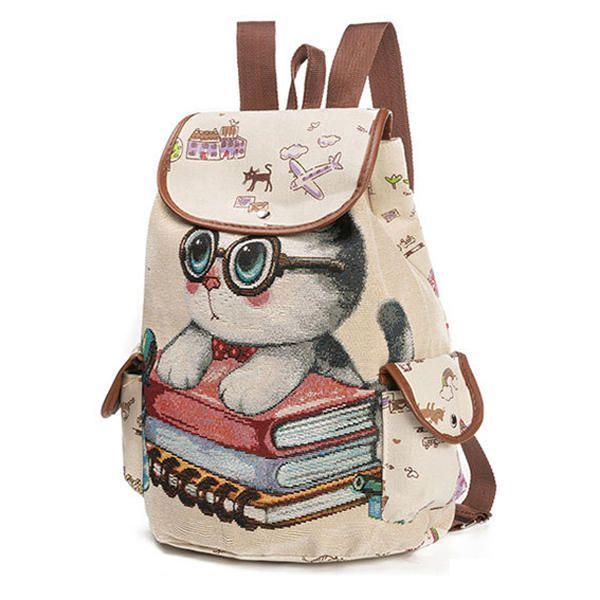 Dames Canvas Casual Cartoon Kat Patroon Schooltas Rugzak Schoudertassen Student Tassen