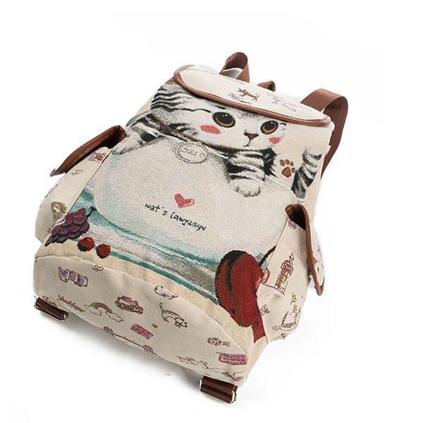 Dames Canvas Casual Cartoon Kat Patroon Schooltas Rugzak Schoudertassen Student Tassen