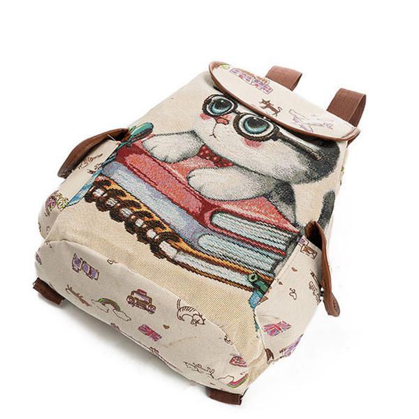 Dames Canvas Casual Cartoon Kat Patroon Schooltas Rugzak Schoudertassen Student Tassen