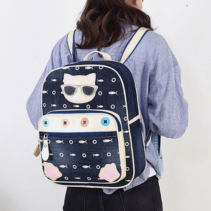 Dames Canvas Leuke Kat Print Patchwork Casual Rugzak Schooltas