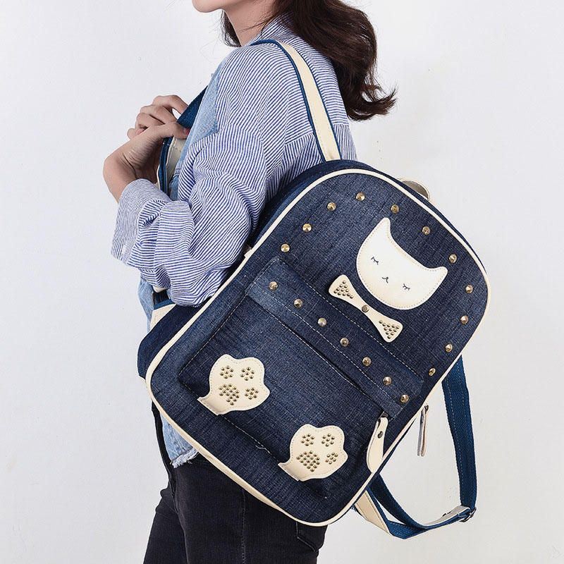 Dames Canvas Leuke Kat Print Patchwork Casual Rugzak Schooltas