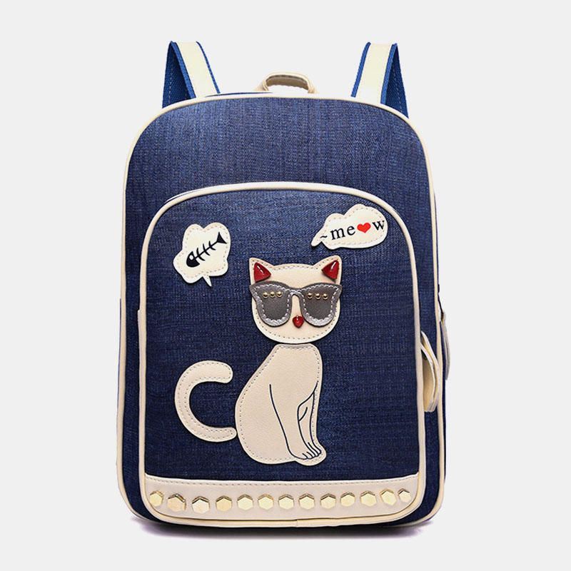 Dames Canvas Leuke Kat Print Patchwork Casual Rugzak Schooltas