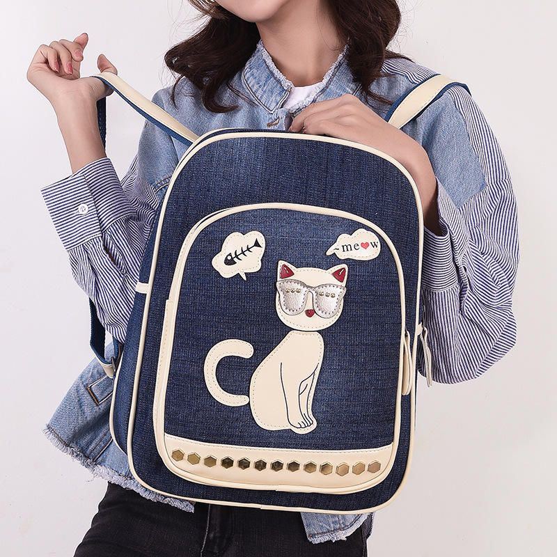 Dames Canvas Leuke Kat Print Patchwork Casual Rugzak Schooltas