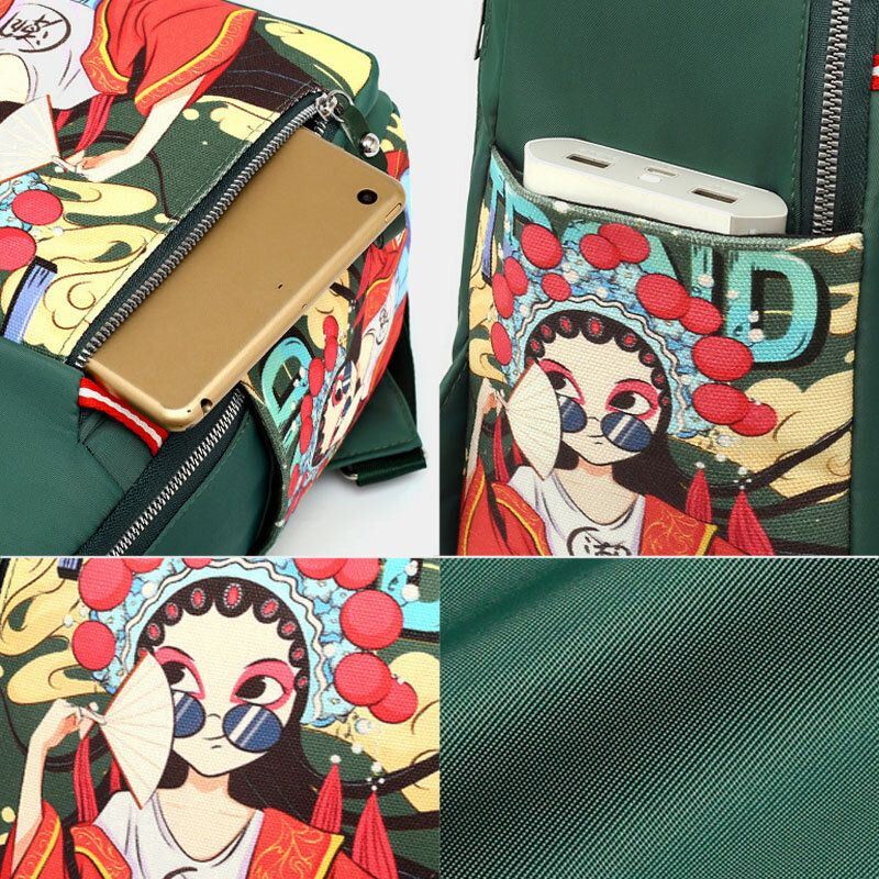 Dames Oxford Cartoon Peking Opera Karakters Gedrukte Rugzak Grote Capaciteit Multi-pocket Schoudertas