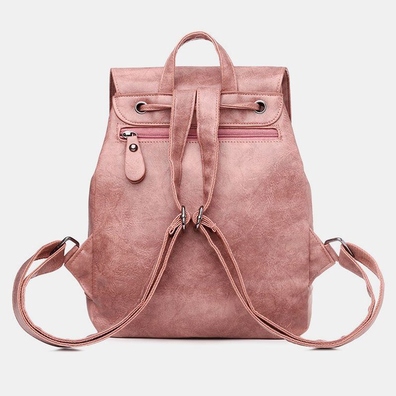 Dames Pu-leer Multi-pockets Innerlijke Magnetische Knop Rugzak Vintage Eenvoudige Trekkoord Hasp Laptoptas