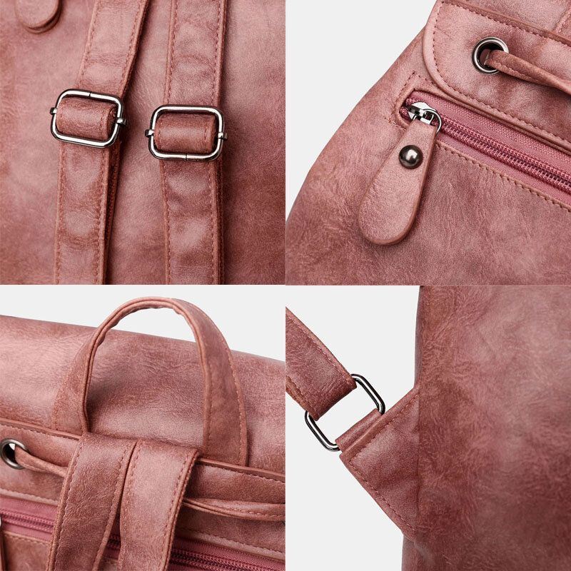 Dames Pu-leer Multi-pockets Innerlijke Magnetische Knop Rugzak Vintage Eenvoudige Trekkoord Hasp Laptoptas