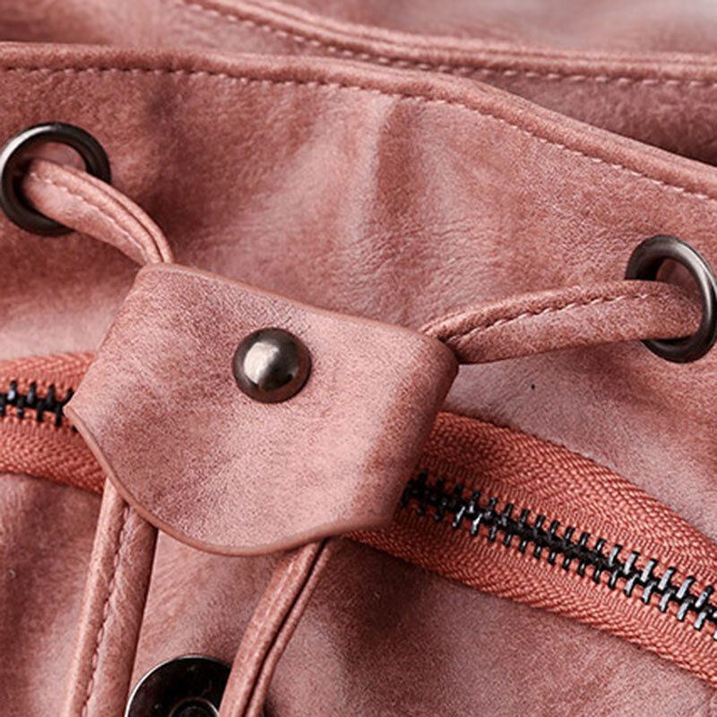 Dames Pu-leer Multi-pockets Innerlijke Magnetische Knop Rugzak Vintage Eenvoudige Trekkoord Hasp Laptoptas