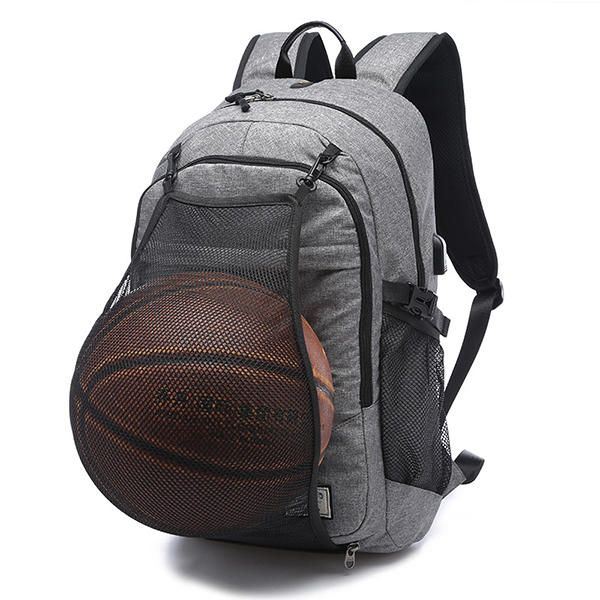 Heren Canvas Multifunctionele Sporttas Casual Rugzak 17 Inch Basketbalrugzak Met Usb Oplaadpoort