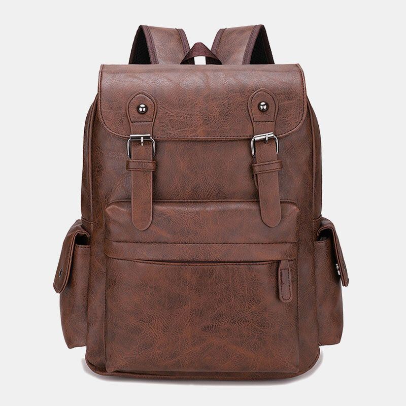 Heren Casual Reizen Multi-pocket Grote Capaciteit Rugzak Solide Retro Slijtvaste Waterdichte Pu Zacht Leer 14 Inch Laptoptas