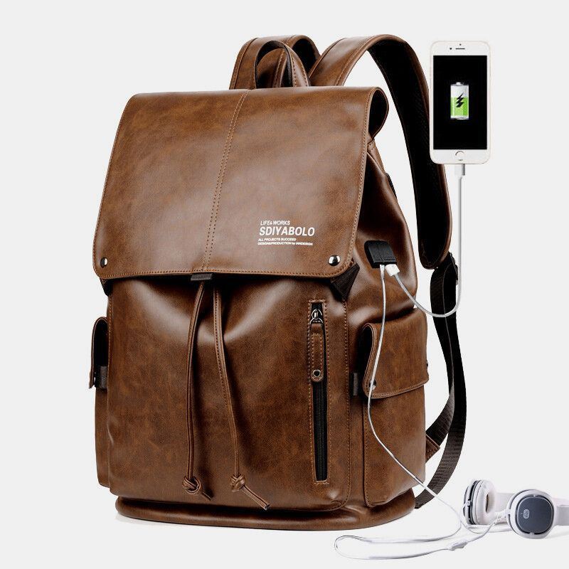 Heren Kunstleer Grote Capaciteit Waterdichte 13.3 Inch Laptoptas Reistas Rugzak Met Usb Opladen