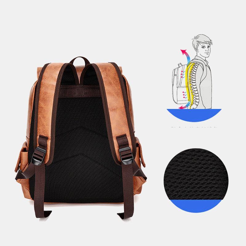 Heren Multi-pocket Lichtgewicht Ademend Decompressie Ontwerp Rugzak Multifunctionele Waterdichte Pu Zacht Lederen Schoudertas Student Tas