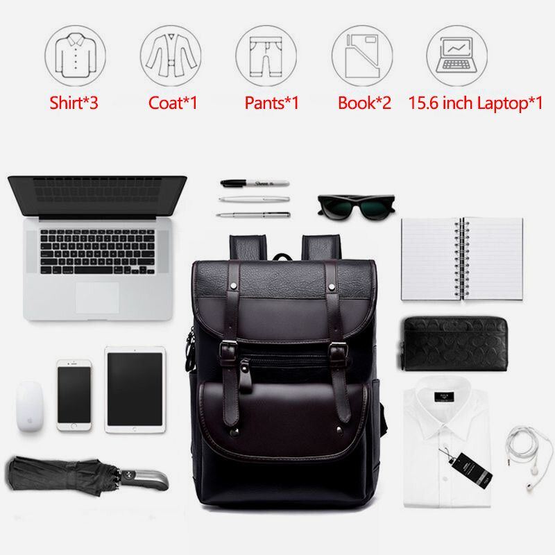 Heren Pu Lederen Hasp Grote Capaciteit Rugzak Multi-pocket Waterdichte 15.6 Inch Laptoptas Mode Wilde Reistas