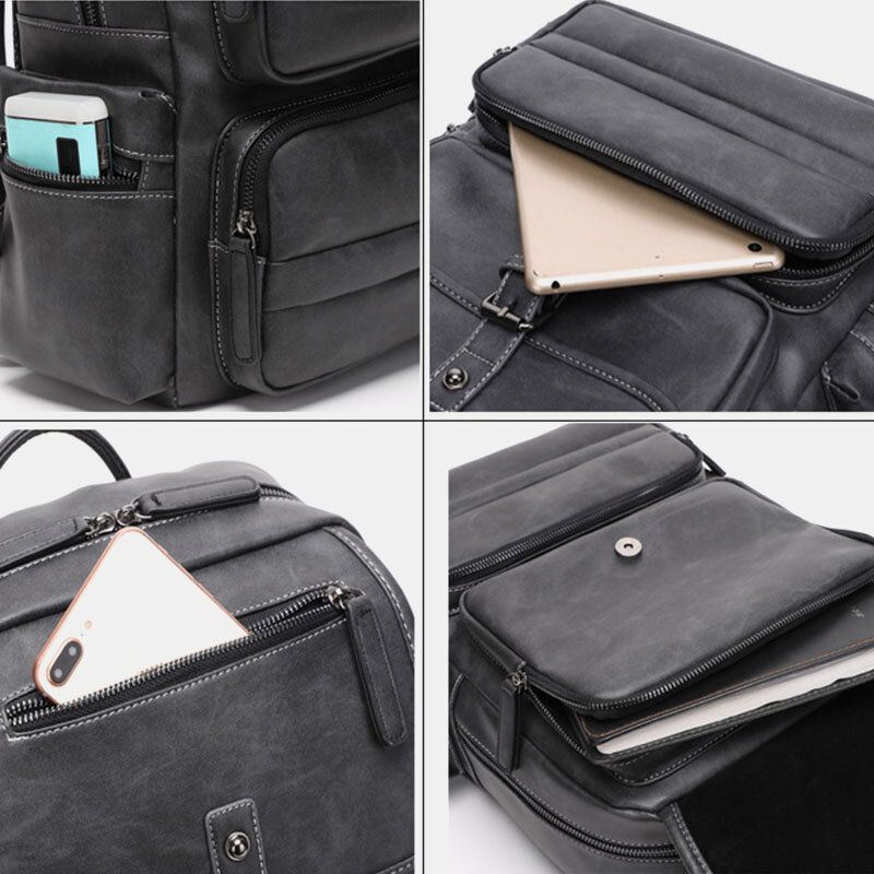 Heren Pu-leer Grote Capaciteit Multi-pocket Vintage 14 Inch Laptoptas Rugzak