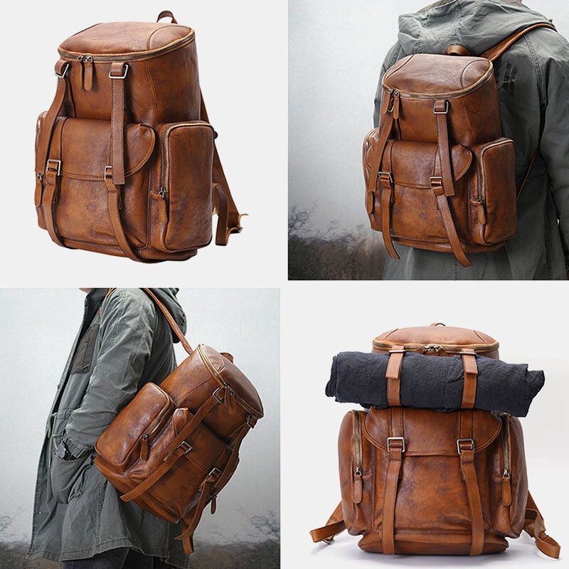 Heren Pu Leer Vintage Zakelijke Stijl Effen Kleur Multi-pocket 15 Inch Laptoptas Reistas Rugzak