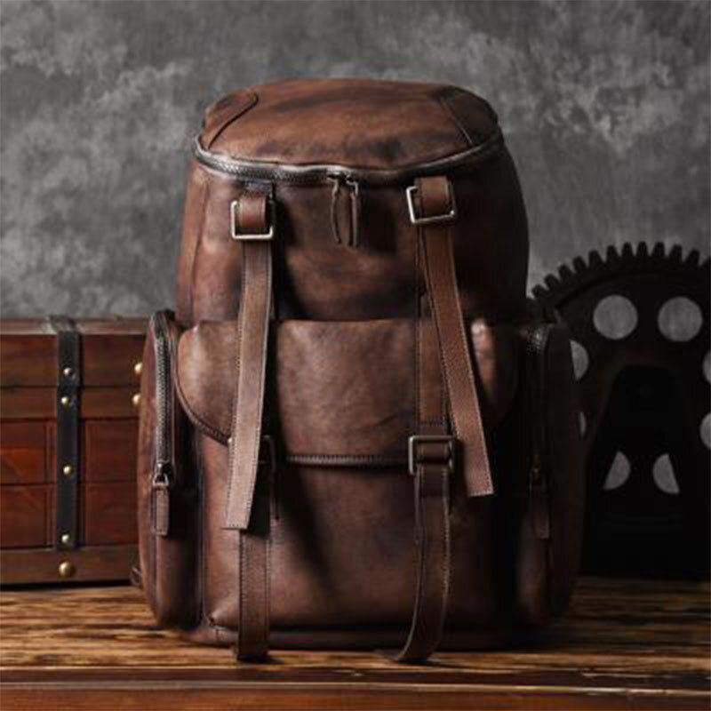 Heren Pu Leer Vintage Zakelijke Stijl Effen Kleur Multi-pocket 15 Inch Laptoptas Reistas Rugzak