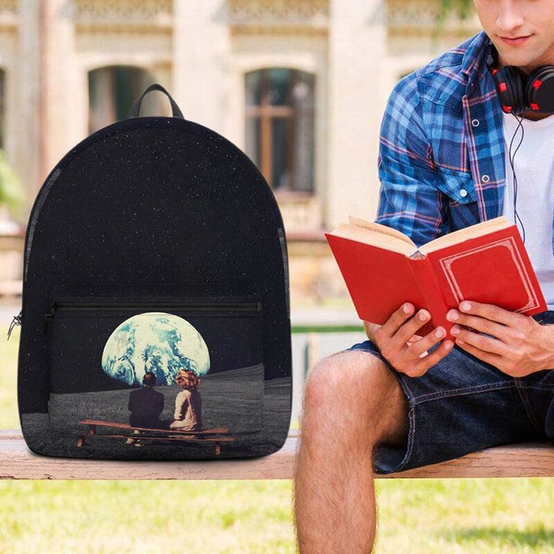 Heren Unisex Oxford Milieubescherming Ruimte Planeten Aarde En Maan Print Schooltas Rugzak